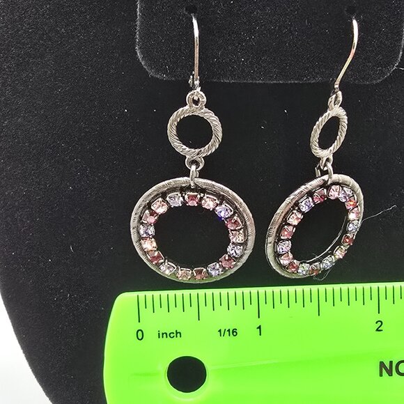 Vintage Black-tone Metal Purple Pink Rhinestone Circle Dangling Earrings - Picture 4 of 4